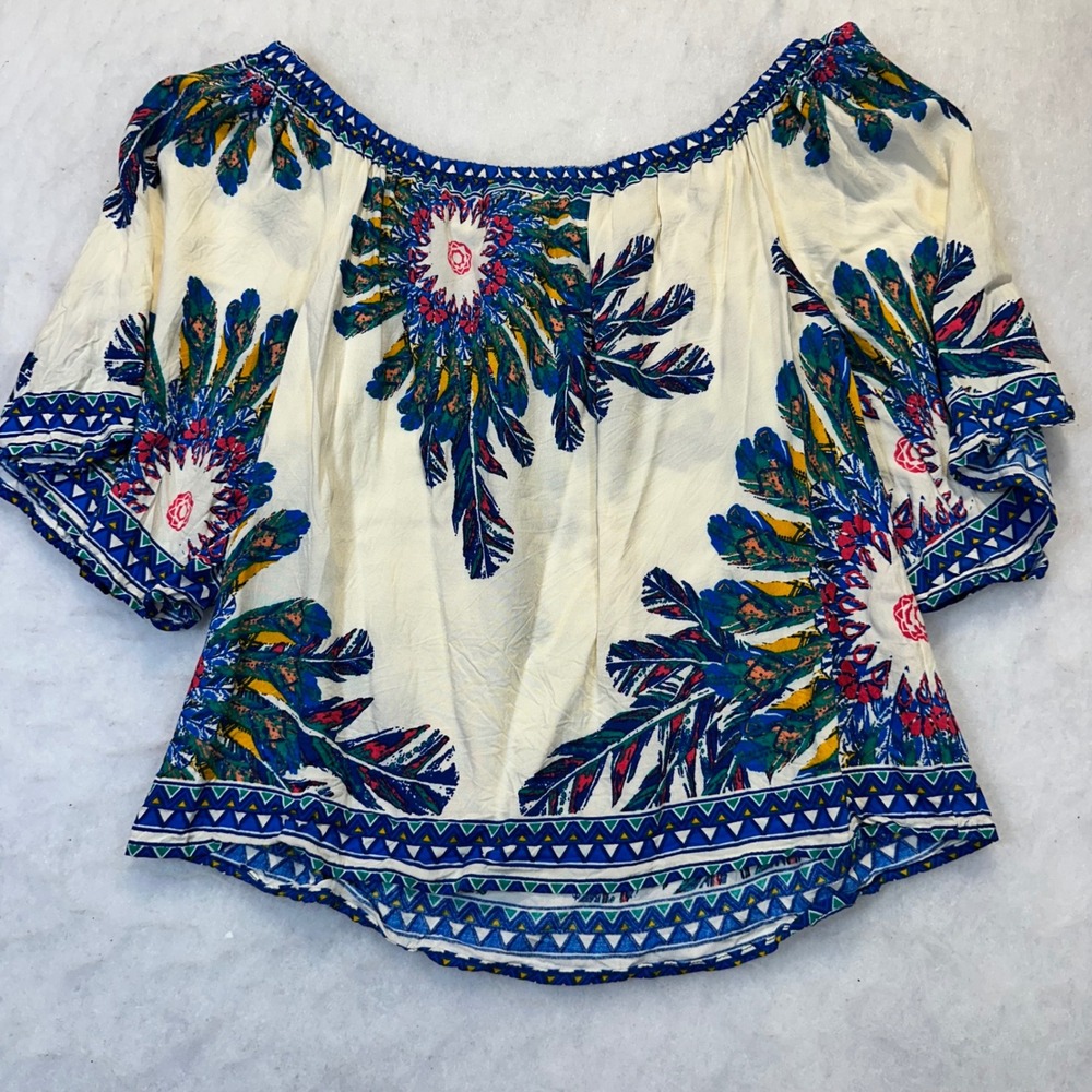 Flying Tomato Blouse Womens Small Cream Blue Feather Boho Festival IT10247-TJ - Picture 5 of 6